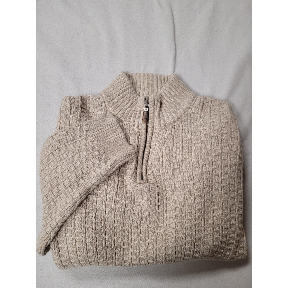 Tasso Elba Mens Oatmeal Waffle Knit 100% Cotton 1/4 Zip Academia Sweater Size XL